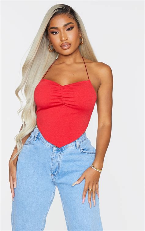 Shape Red Rib Ruched Front Halterneck Crop Top Prettylittlething