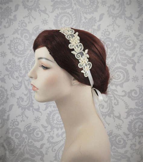 Champagne Lace Beaded Headband With Satin Ribbons Bridal Lace Etsy