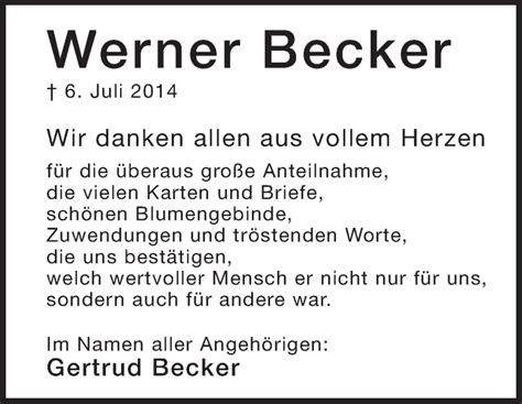 Traueranzeigen Von Werner Becker Vrm Trauer De