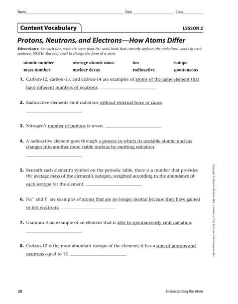 Protons Neutrons And Electrons Practice Worksheet Answer Sheet