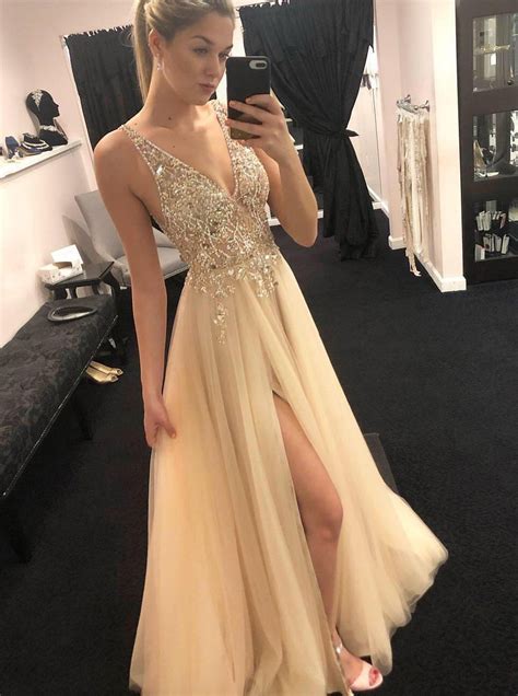 Deep V Neck Beading Tulle Long Gold Prom Dress Sexy Split Evening Dress Op324 Evening Dresses