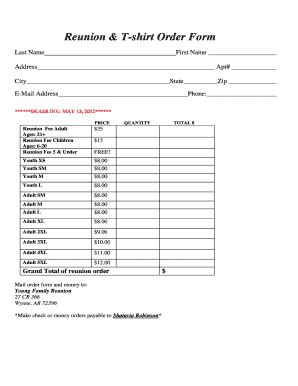 Fillable Online Reunion T Shirt Order Form Fax Email Print PdfFiller