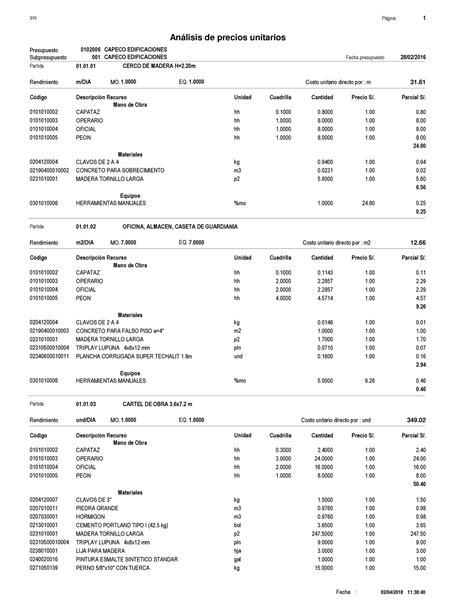 Analisis De Precios Unitarios Capeco P Gina Presupuesto