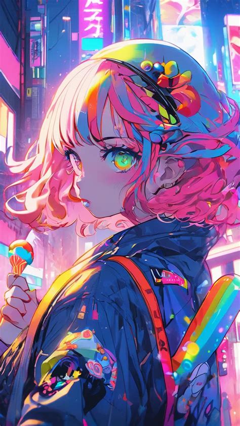 Cyberpunk anime girl, rainbow hair, on - AI Photo Generator - starryai