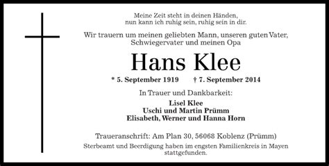 Traueranzeigen Von Hans Klee Rz Trauer De