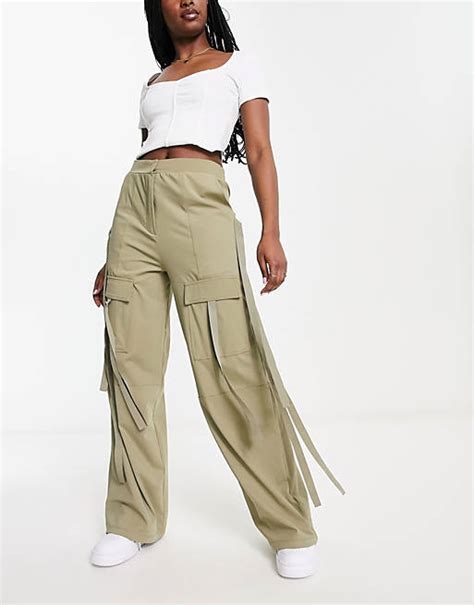 Asos Design Wide Leg Cargo Trouser With Strapping Detail In Khaki Asos