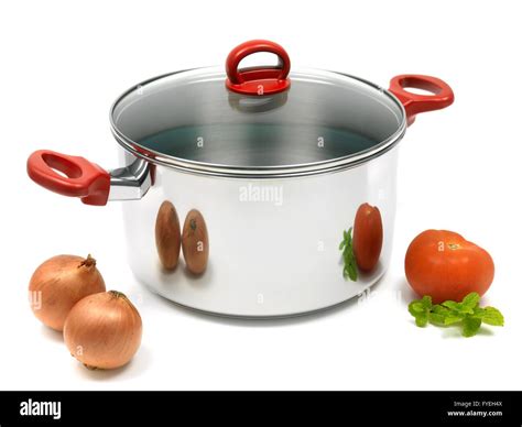 A Silver Cooking Pot Isolated Against A White Background Stock Photo