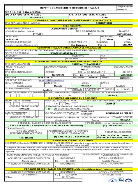 Formato Para Reporte Interno Accidente De Trabajo