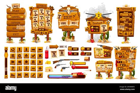 Wild West Game App Interface Western Gui Asset And Wooden Buttons Vector Set Of Web Menu