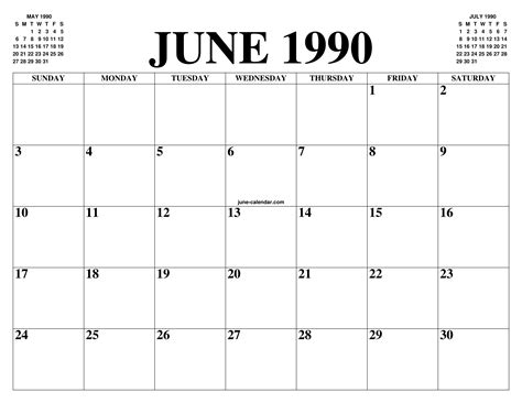 June 1990 Calendar Of The Month Free Printable June Calendar Of The