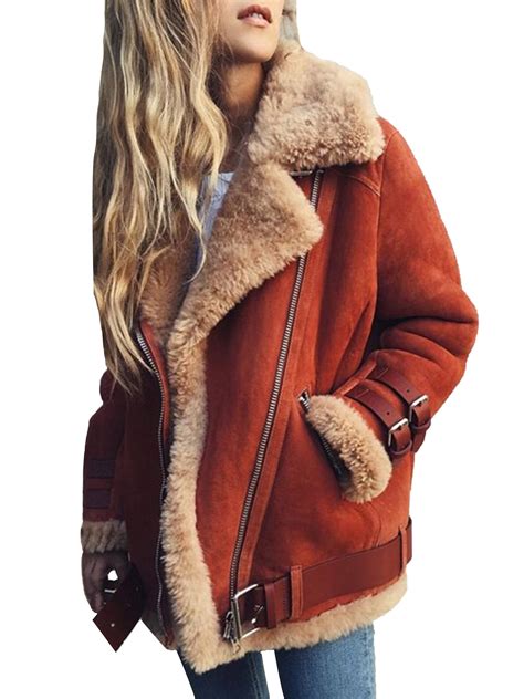 Winter Fleece Suede Jacket Women Lamb Flannel Lined Motorcycle