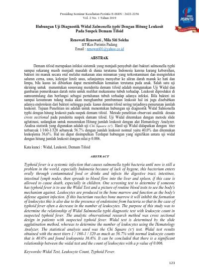 Hubungan Uji Diagnostik Widal Salmonella Typhi Dengan Hitung Leukosit