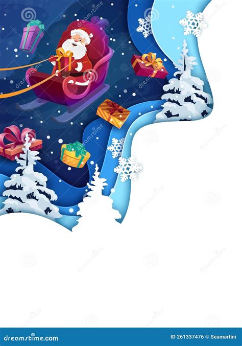 Christmas Paper Cut Poster Flying Cartoon Santa Stock Vector