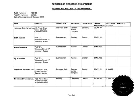 Register Of Directors Template