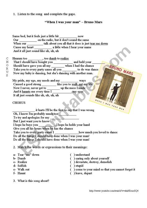 When I Was Your Man ESL Worksheet By Leesunn