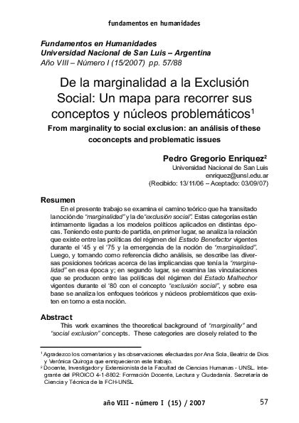 Pdf De La Marginalidad A La Exclusión Social Un Mapa Para Recorrer