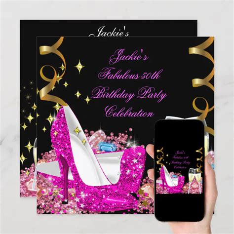 Fabulous 50th Hot Pink Glitter High Heel Birthday Invitation Zazzle