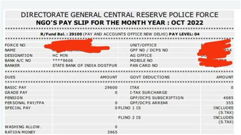 Crpf Head Constable Per Month Salry Slip October