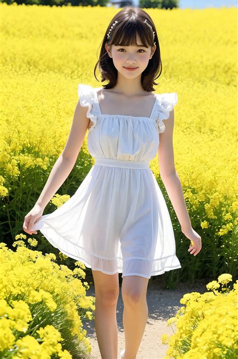 Araffe Girl In A White Dress Walking Through A Field Of Yellow Flowers Seaart Ai