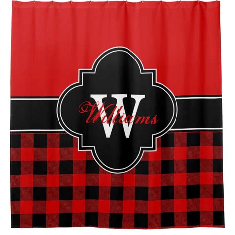 Red Black Buffalo Plaid 1icbr Monogram Shower Curtain Zazzle