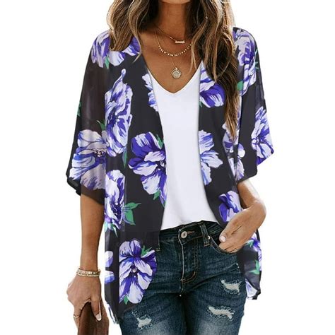 Jsaierl Women Floral Print Lightweight Chiffon Kimono Cardigan Short