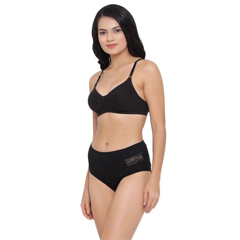 Clovia Cotton Rich Non Padded Wirefree T Shirt Bra And High Waist Hipster Panty Black Buy