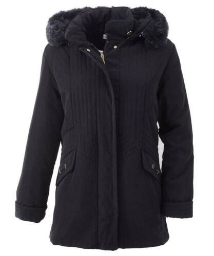 Damart Ladies Black Hooded Winter Coat With Faux Fur Trim Size 24 Ebay