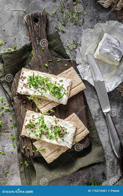 Delicious Fresh Cheese With Herbs On Crispbread Stock Image Image Of