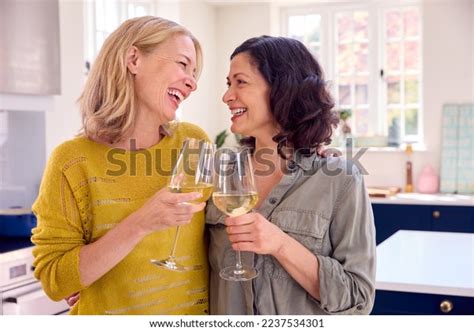 Same Sex Mature Female Couple Celebrating Stock Photo