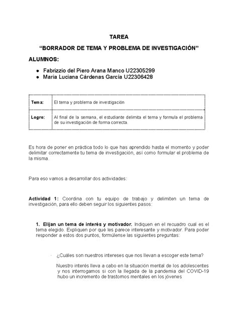 Borrador De Tema Y Problemas De InvestigaciÓn Tarea “borrador De Tema Y Problema De