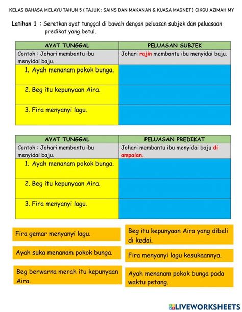 Ayat Tunggal Dan Ayat Majmuk Dengan Peluasan Subjek Dan Predikat Worksheet