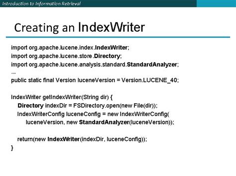 Introduction to Information Retrieval Lucene Tutorial Chris Manning