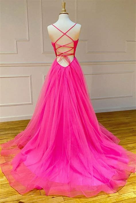 Stylish A Line V Neck Backless Hot Pink Long Prom Dress Backless Hot