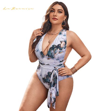 Sexy Bikini Plus Size Halter Tie Dye Print One Piece Good Stretch Bikini Suspenders Bathing