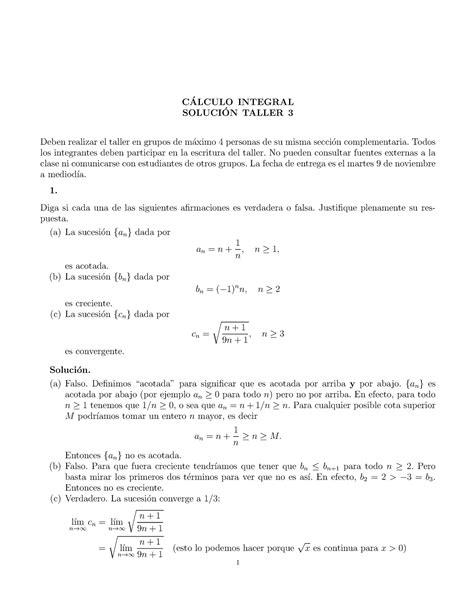 Taller Integral Solucion C Alculo Integral Soluci On Taller