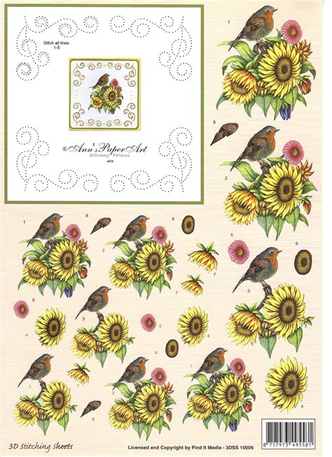 Ann S Paper Art Knip Borduurvel 3DSS10009 Zonnebloem Vogel