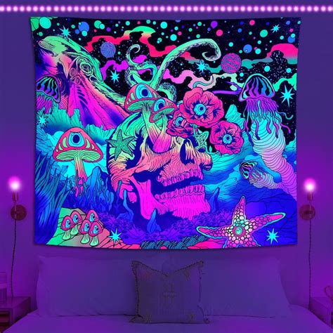 Funastar Blacklight Mushroom Skull Tapestry Uv Reactive