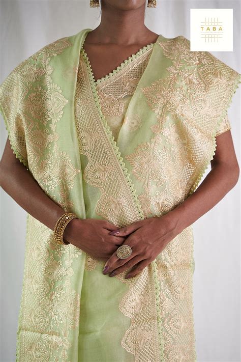 Light Green Machine Embroidery Pure Kora Saree Tabakashi