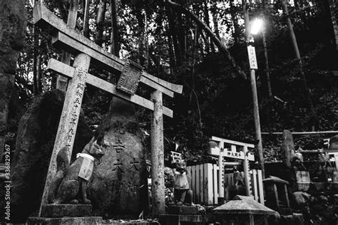 Fox Kitsune Stone Statues Torii Gates And Rock With Kanjis At