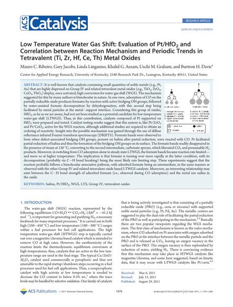 Pdf Low Temperature Water Gas Shift Evaluation Of Pt Hfo 2 And