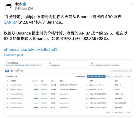 Qklpj Eth Transfers 4 Million ARKM To Binance And Will Make A Profit Of