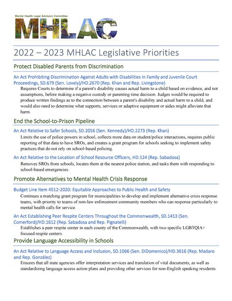 2023 Legislative Advocacy Fact Sheets MHLAC