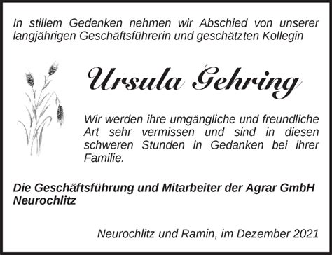 Traueranzeigen von Ursula Gehring Märkische Onlinezeitung Trauerportal