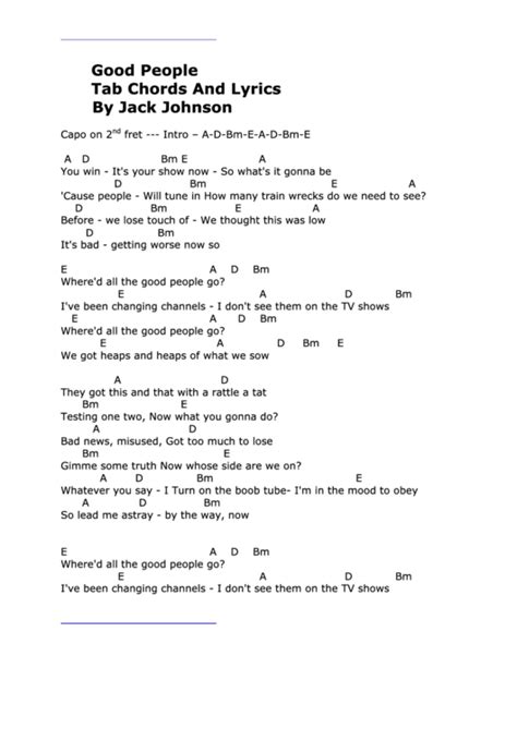 Good People Tab Chords And Lyrics By Jack Johnson Printable Pdf Download