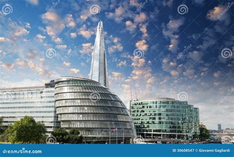 New London City Hall With Thames River And Cloudy Sky Panoramic Stock