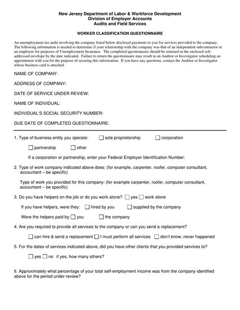 New Jersey Worker Classification Questionnaire Fill Out Sign Online