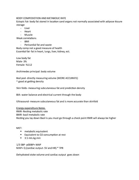 EXS 340 Lab Notes ANSWERS BODY COMPOSISTION AND METABOLIC RATE