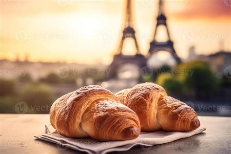 Delicious French Croissants On Romantic Background Of Eiffel Tower