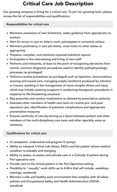 Critical Care Job Description Velvet Jobs