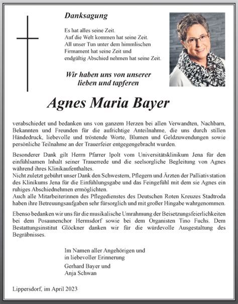 Traueranzeigen Von Agnes Maria Bayer Trauer In Thueringen De